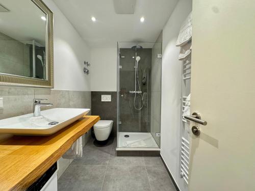 a bathroom with a shower and a sink and a toilet at Corner Loft - Altstadt Design Apartment in Freiburg im Breisgau