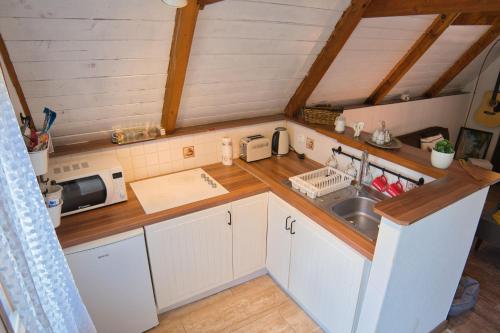 a small kitchen with a sink and a microwave at Paulanyi's Island Heart of Woods, Szentendre Island in Szigetmonostor