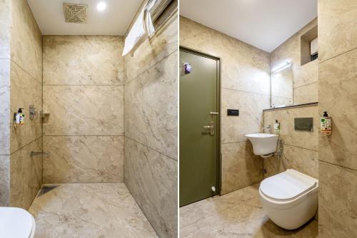 two pictures of a bathroom with a toilet and a shower at Treebo Deluxe Inn, Chromepet in Chennai