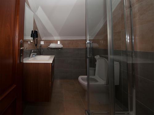 a bathroom with a toilet and a sink and a shower at Pensión Residencia A Cruzán in Noalla