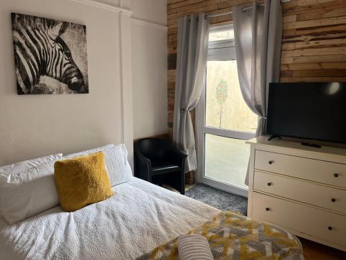 a bedroom with a bed and a television and a window at 101 - Room 2 - Uplands in Sketty