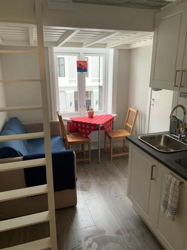 a kitchen and dining room with a table and a bunk bed at Nice cozy appartment 15 m2 in The city center in Oslo