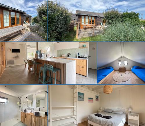 a collage of photos of a house at Olivia Plage, charmante maison lumineuse au calme bien équipée à 100 m plage d Asnelles, 500 m commerces, proche Arromanches et Bayeux, au coeur des plages du débarquement, jardin clos, deux belles terrasses, parking dans propriété in La Celle-sous-Gouzon
