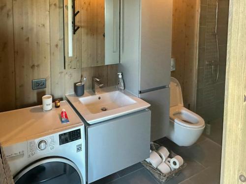 a bathroom with a washing machine and a sink at Cabin With Panoramic Views At Skrim in Omholt