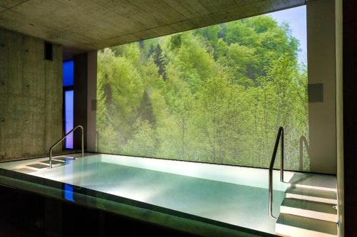 a swimming pool with a large window in a building at Hotel Bleichibeiz in Wald