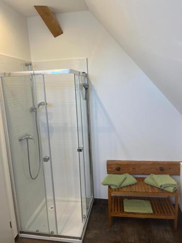 a bathroom with a shower and a table with towels at Ferienwohnungen im Stollenhof in Schnelldorf