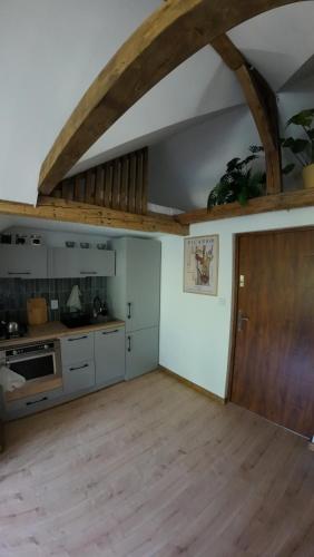 a large room with a kitchen with a wooden floor at Studio z widokiem na park in Srebrna Góra