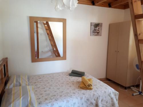 a bedroom with a bed with a mirror on the wall at Campus Verde in Eleftheres