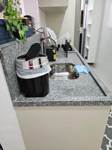 a kitchen counter with a sink and a pot at Apto 100m da praia in Caraguatatuba