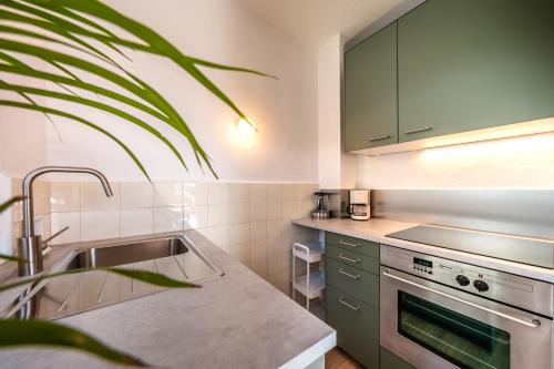 a kitchen with green cabinets and a sink at Villetta Allegra in Appiano sulla Strada del Vino