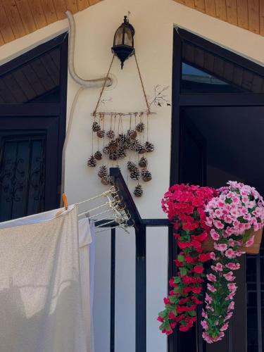 a balcony with a clothes line and a bunch of flowers at Nitsa Guest House in Gori