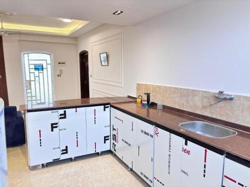 a kitchen with a sink and a counter with boxes at Full Moon House in Luxor