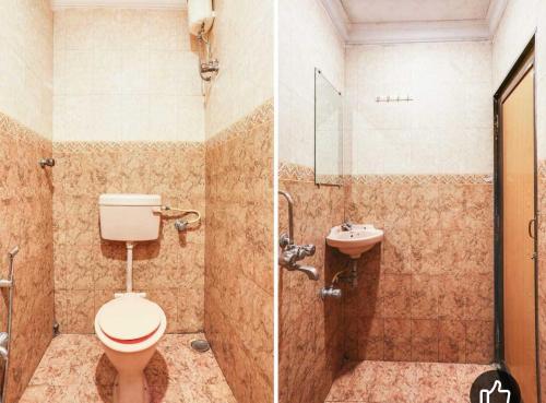 Dos imágenes de un baño con inodoro y lavabo. en Hotel Stay Land Inn Versova, en Bombay