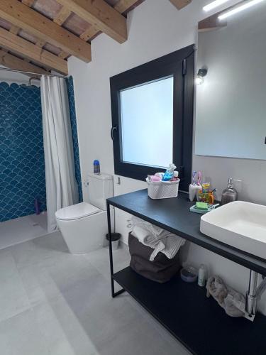 a bathroom with a sink and a toilet and a mirror at Quiet village house in L’ Esquirol
