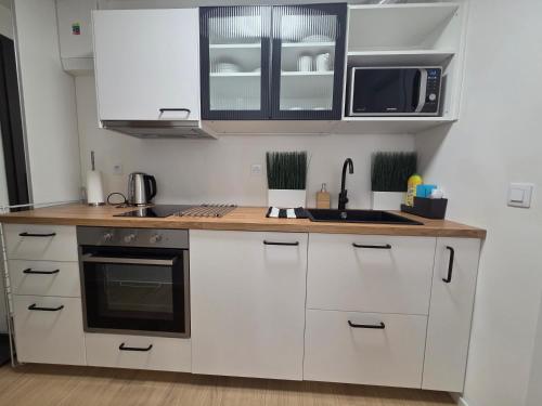 a kitchen with white cabinets and a wooden counter top at Haas Apartments Art with parking, bakery, coffea in Brno