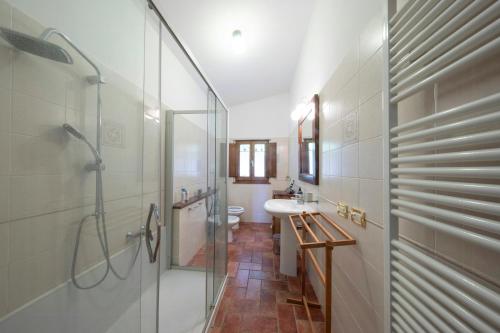 a bathroom with a shower and a sink and a toilet at Historic Villa With Pool In The Heart Of Chianti in Monteriggioni