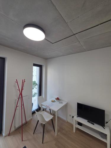 a living room with a table and a television at Haas Apartments Art with parking, bakery, coffea in Brno