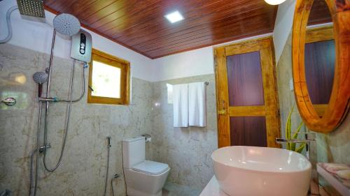 a bathroom with a sink and a toilet and a shower at Jungle Crown Cabin in Sigiriya