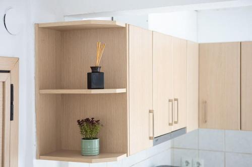 Una cocina con gabinetes de madera con una planta en maceta. en Minimal Apt in the Heart of the city, en Tesalónica