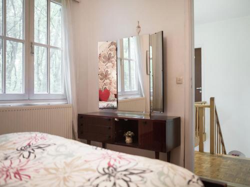 a bedroom with a bed and a dresser and a mirror at Westmalle Forest Garden Home in Zoersel