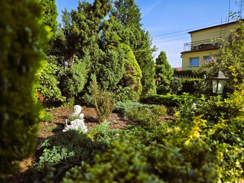 a garden with bushes and trees and a building at Willa Mira 200 metrów od morza in Międzyzdroje