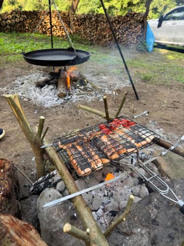 a grill with a pan over a fire at Sanovia Glamping in Reczpol