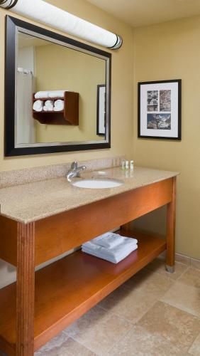 a bathroom with a sink and a mirror at Spark By Hilton Corpus Christi Southeast in Corpus Christi