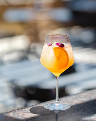 a glass of orange juice with fruit in it at Hotel City IN in Kochani