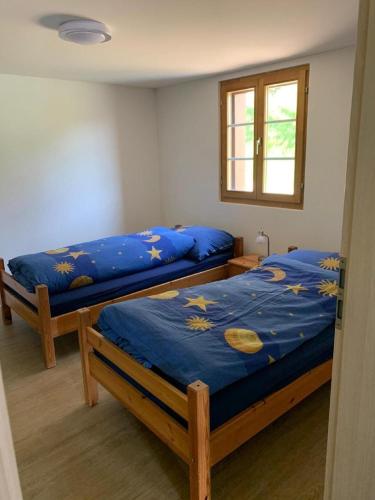 two beds in a room with blue sheets and a window at Thal in Vitznau
