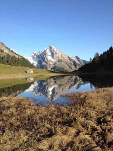 a reflection of a mountain in a body of water at Chäserruggblick in Unterwasser