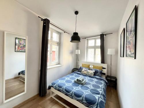 een slaapkamer met een bed en een grote spiegel bij Central Apartment in Bydgoszcz