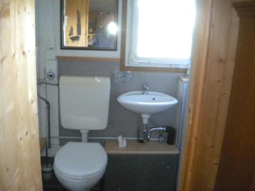 a small bathroom with a toilet and a sink at Bauernhof Fendrig Neue Wohnung in Haslen