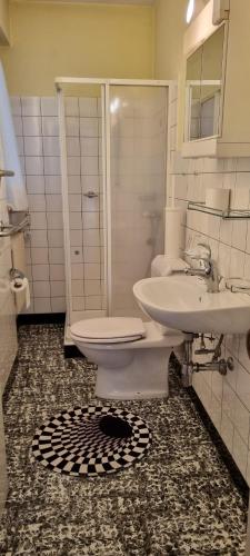 a bathroom with a toilet and a sink and a shower at Einzelzimmer mit Gemeinschaftsbad -und Küchenbenutzung in Purasca