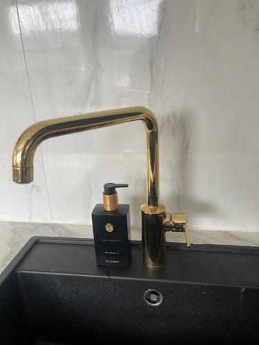 a bathroom sink with a soap dispenser and a faucet at Arctic villa with ocean view, jacuzzi and northern lights in Karlsøy