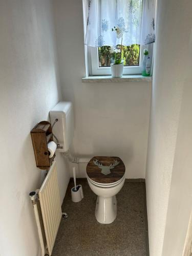 baño con aseo con asiento de madera y ventana en Haus Leiner, en Anger