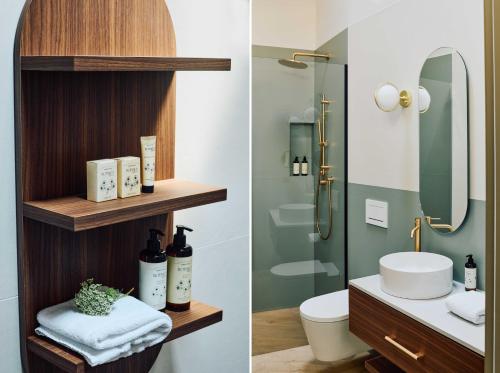 two pictures of a bathroom with a sink and a shower at Vista Lakefront Boutique Hotel in Ascona