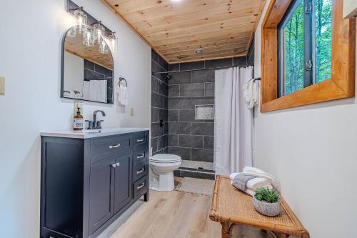 a bathroom with a toilet and a sink and a mirror at Fall Break+Family Cabin+Game Room+Fire Pit+Hot Tub in Wear Valley