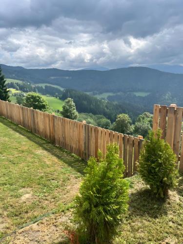 a wooden fence in a field with mountains in the background at Fuchsbau in Vordertheissenegg