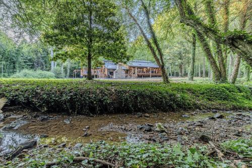 a house in the middle of a forest with a creek at Fall Break+Family Cabin+Game Room+Fire Pit+Hot Tub in Wear Valley
