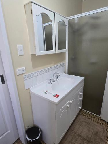 a bathroom with a sink and a shower at Advantage house in Kelmscott