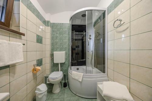 a bathroom with a tub and a toilet and a shower at Pensiunea CASA MOLDOVEANA in Piatra Neamţ