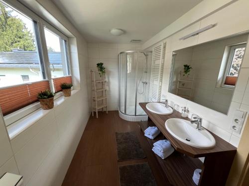 a bathroom with a sink and a shower at Appartements Luna in Schladming