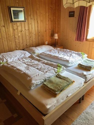two twin beds in a room with wooden walls at Neuer Sigerst in Wildhaus