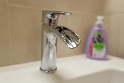 a sink with a faucet and a bottle of soap at Casa Holamundo in Curtina