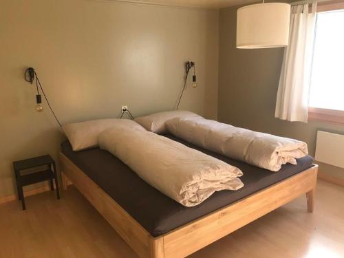 a bed with two pillows on top of it at Soldanella in Appenzell