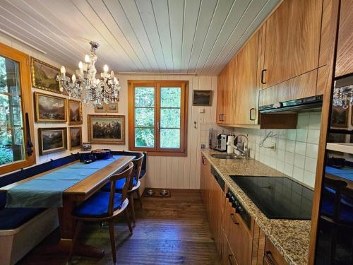 グリンデルワルトにあるChalet Tannegüetliのキッチン(木製キャビネット付)、大きな島(青い椅子付)