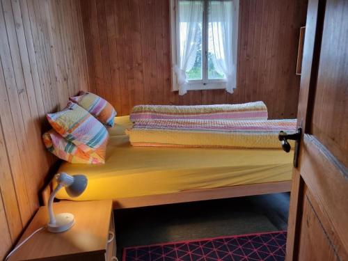 a small room with two beds and a window at Bio Hof Brudersrüti in Schwarzenberg