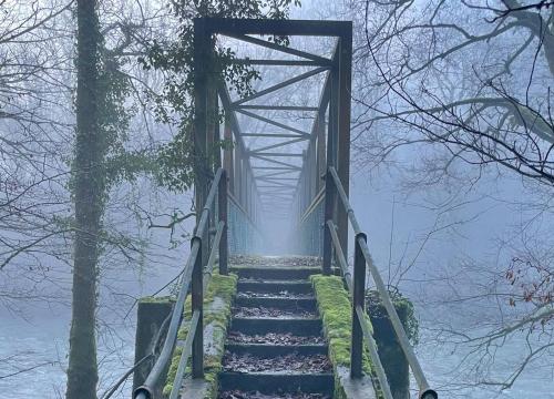 a suspension bridge over a river with stairs at Pass the Keys Y Bwythn Welsh Countryside Retreat UK Getaway in Carmarthen