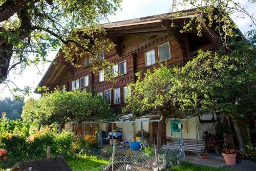 a large wooden house with a yard at 45 Zimmer Ferienwohnung Hofstatthaus in Hasliberg