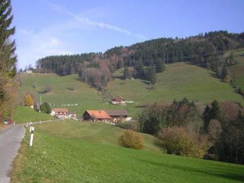 a green hillside with a house on the side of a road at Ferienwohnung, Ferienhof Wald in Goldingen